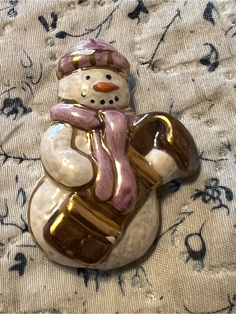 Abbey Press Snowman Brooch Porcelain Iridescent Gold Trim Winter Holiday Pin